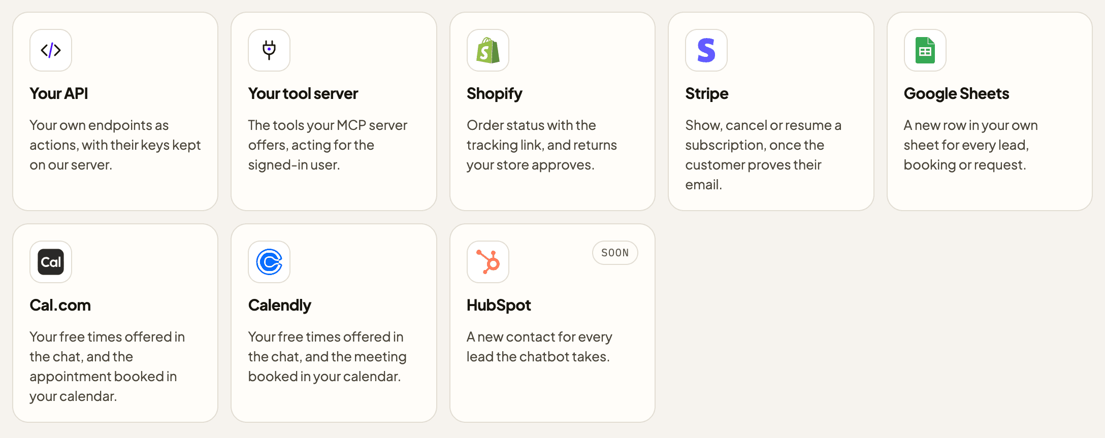 ChatFrom's connections: your API, with its keys kept on ChatFrom's server; your MCP tool server, acting for the signed-in user; Shopify order status and returns; Stripe subscriptions, once the customer proves their email; a new row in Google Sheets for every lead; free times and bookings in Cal.com and Calendly; and HubSpot, marked soon.