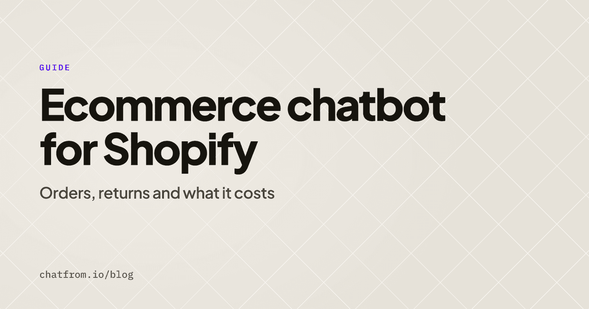 Ecommerce chatbot for Shopify: orders, returns and what it costs, on a gray-cream background with fine crossing lines.