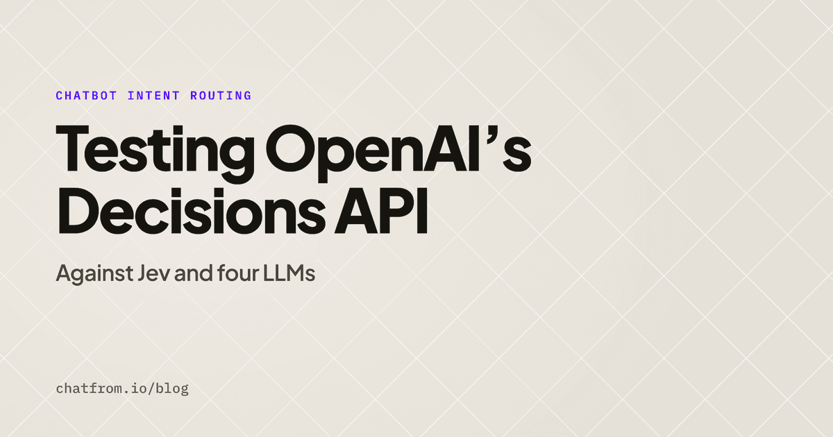 Testing OpenAI's Decisions API against Jev and four LLMs, on a gray-cream background with fine crossing lines.